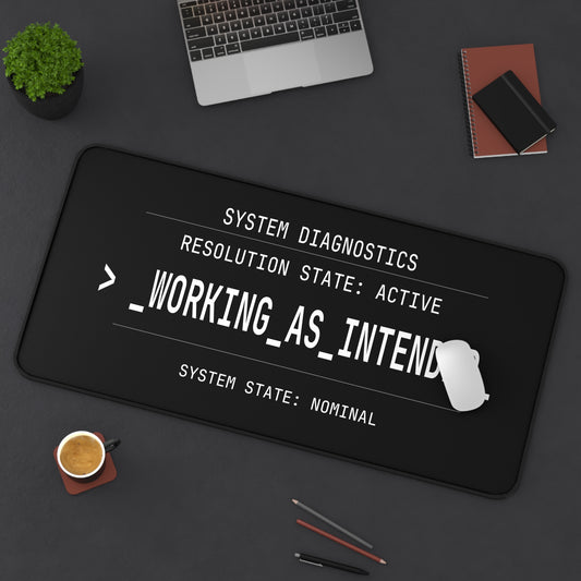 Black desk mat with white text on a dark surface with office items.