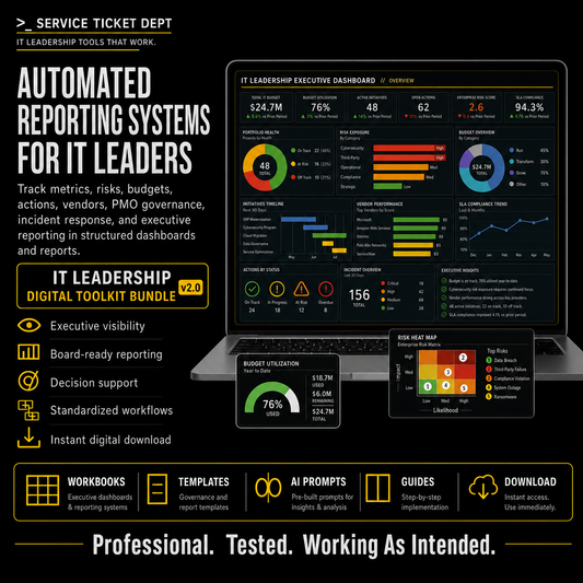IT Leadership Digital Toolkit Bundle v2.0 promotional graphic showing an executive dashboard preview and downloadable IT leadership reporting tools.