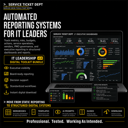 Promotional graphic for a digital reporting system bundle for the Service Ticket Department, featuring a laptop mockup displaying a service ticket executive dashboard with charts and graphs on a black background with yellow and white text.