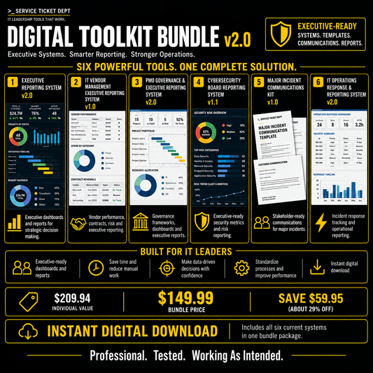 IT Leadership Digital Toolkit Bundle v2.0 value graphic showing six included IT leadership and reporting systems with bundle pricing.