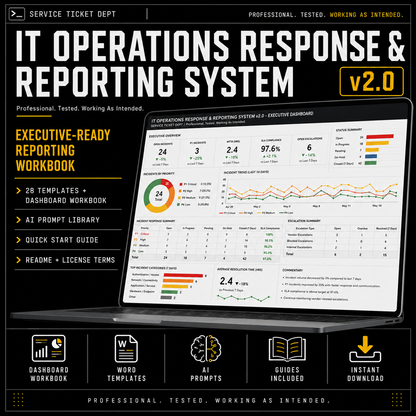 Promotional graphic for the IT Operations Response & Reporting System v2.0, showing a laptop with dashboard reports on screen, large white title text, feature callouts on the left, and icons for workbook, Word templates, prompts, guides, and instant download on a black background.