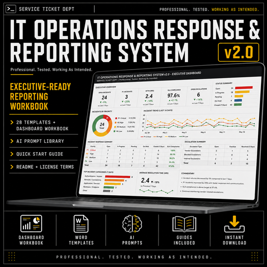 Promotional graphic for the IT Operations Response & Reporting System v2.0, showing a laptop with dashboard reports on screen, large white title text, feature callouts on the left, and icons for workbook, Word templates, prompts, guides, and instant download on a black background.