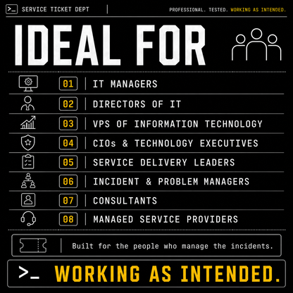 IT Operations Response & Reporting System v2.0 ideal-for graphic for IT managers, directors, CIOs, incident managers, MSPs, consultants, and technology operations teams.