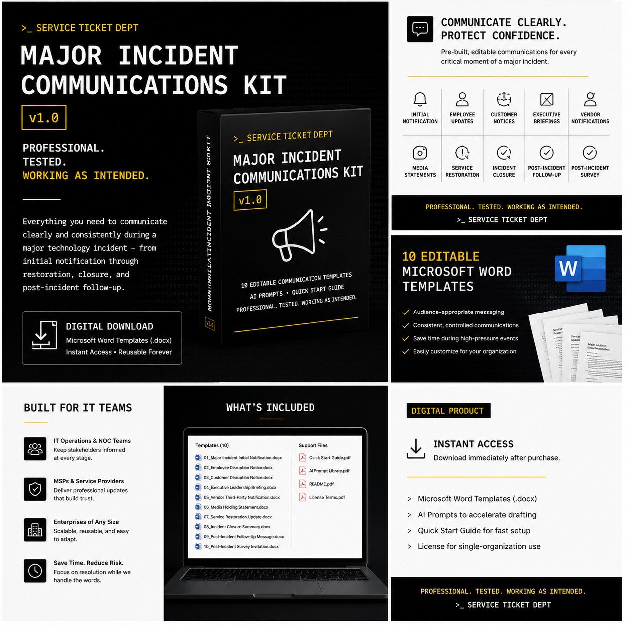 Promotional graphic for Major Incident Communications Kit v1.0 showing incident communication templates, support files, and instant digital download by Service Ticket Dept.