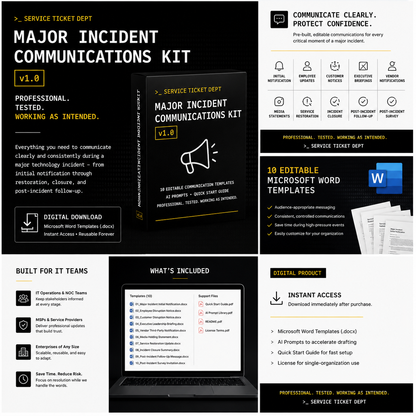 Promotional graphic for Major Incident Communications Kit v1.0 showing incident communication templates, support files, and instant digital download by Service Ticket Dept.