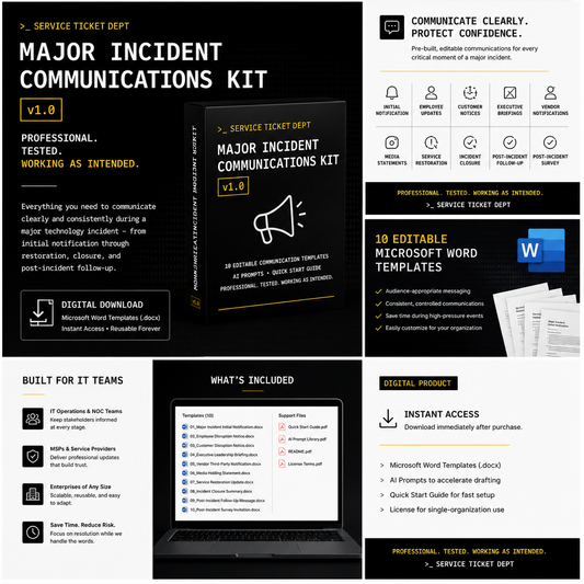Promotional graphic for Major Incident Communications Kit v1.0 showing incident communication templates, support files, and instant digital download by Service Ticket Dept.