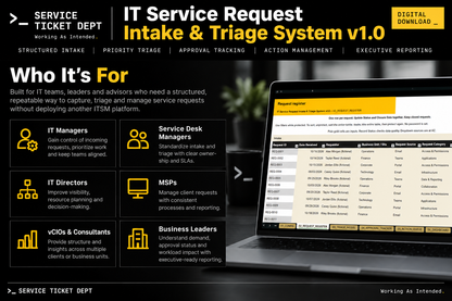 IT Service Request Intake & Triage System v1.0 for IT managers, service desk leaders, MSPs, vCIOs, consultants, and business leaders.